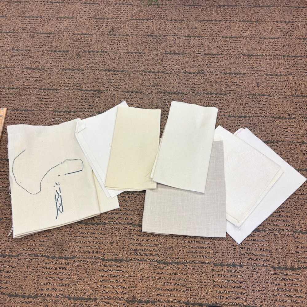 Lot of 7 Assorted Cross Stitch Aida Cloth and Linen Fabric Scraps Neutrals